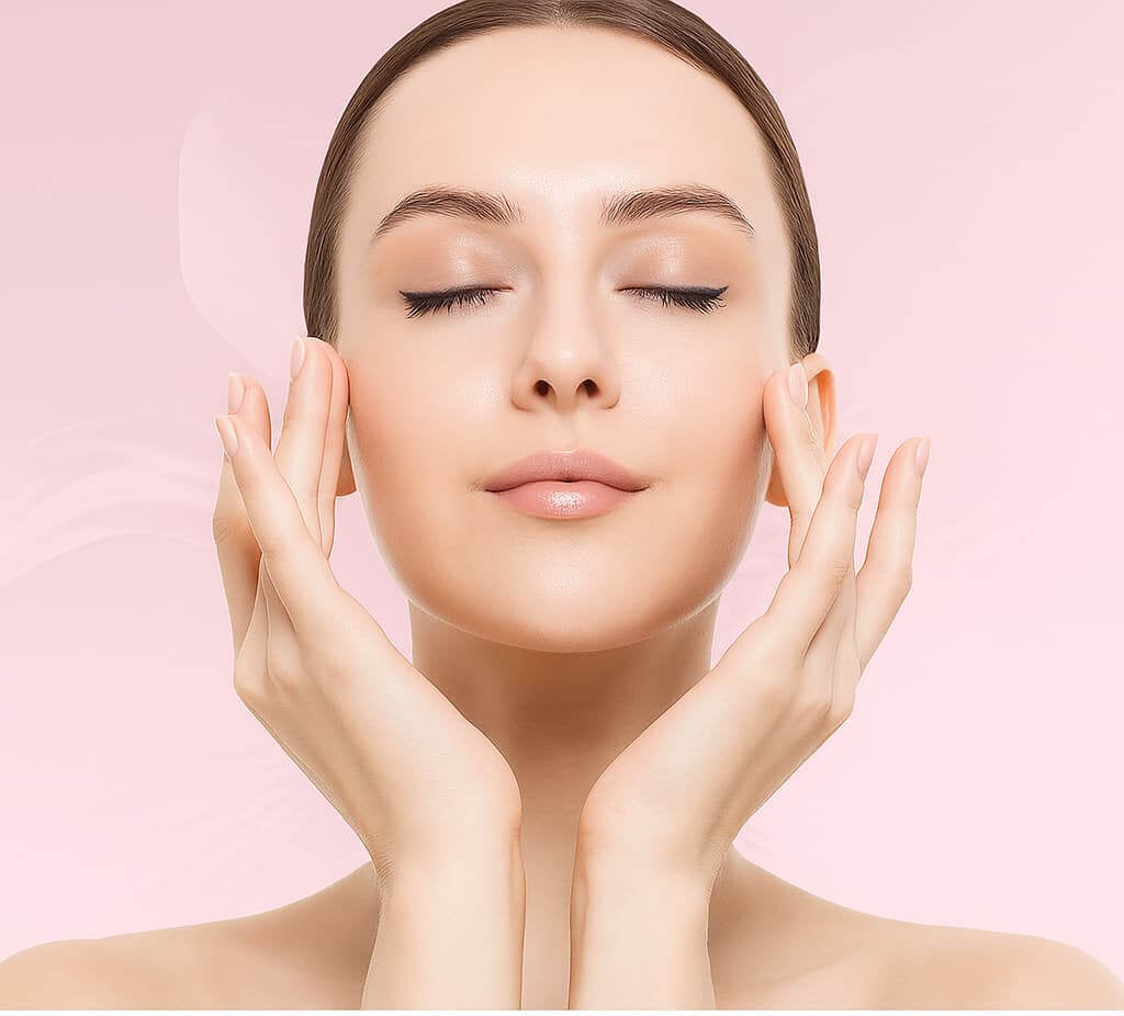 Woman with hands on face against a pink background with text about hair identifier spray.