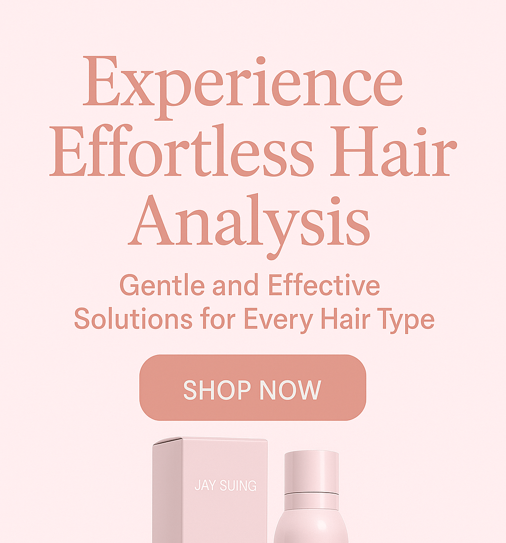 Advertisement for hair care products with text 'Experience Effortless Hair Analysis' and 'Shop Now' button on a pink background.